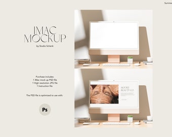 May include: A mockup of an iMac computer on a desk with a plant and a cup. The screen displays a website for Moore Beauty Co. with a photo of a woman's face. The text "Summer 22" is in the upper right corner of the image.
