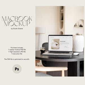 May include: A mockup of a laptop computer on a wooden table with a white ceramic vase and a glass of coffee. The laptop screen displays a website with the text "SHOP NOW".
