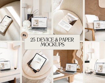 May include: A collection of 25 device and paper mockups featuring laptops, tablets, and phones in various settings. The mockups are displayed on a variety of surfaces, including chairs, tables, and desks. The mockups are all in a neutral color scheme, with a focus on clean lines and simple design.