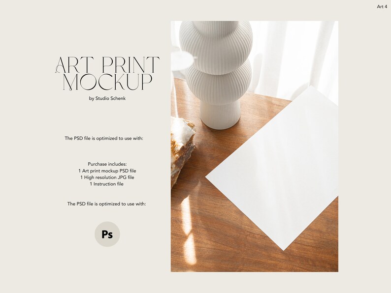 May include: A white art print mockup on a wooden table with a white ceramic vase. The print is blank and ready for your design. The PSD file is optimized to use with Photoshop.