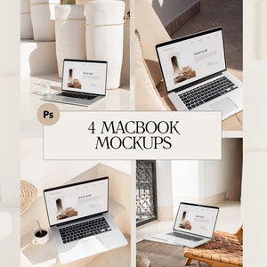 Op de afbeelding: Een collage van vier zilveren MacBook-mockups, elk met een website-ontwerp. De laptops bevinden zich in verschillende buitenomgevingen. De tekst "4 Macbook Mockups" wordt weergegeven in een crèmekleurige rechthoek.