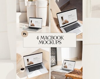 May include: Four MacBook mockups are displayed in a collage. Each laptop shows a website design on the screen. The laptops are silver and are placed in different outdoor settings. The text "4 Macbook Mockups" is displayed in a cream-colored rectangle.
