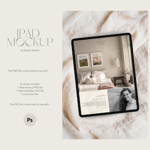 May include: A black iPad mockup on a white fabric background. The iPad screen shows a website with a bedroom interior design and a photo of a woman. The text on the screen reads "Studio Schenk".