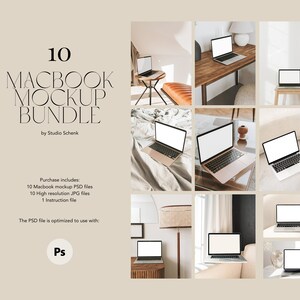 May include: A set of 10 Macbook mockup images featuring different angles and settings, including a laptop on a bed, a desk, and a couch. The images are perfect for showcasing website designs, app interfaces, or other digital content.