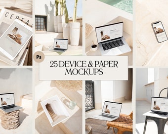 May include: A collection of 25 device and paper mockups featuring laptops, tablets, and phones in various settings. The mockups are displayed on a variety of surfaces, including tables, chairs, and floors. The images are perfect for showcasing your designs and products.