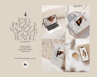 May include: A mockup bundle of four devices: an iPad, iPhone, Macbook, and a phone. The devices are displayed on a variety of surfaces, including a white rug, a white towel, and a beige surface. The devices are all displaying different content, including a website, a magazine, and a photo. The text "OUR NEW COLLECTION" is visible on the iPad screen.