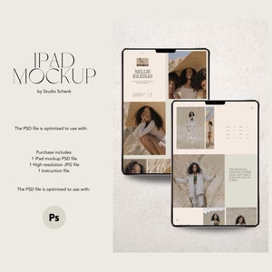 May include: A mockup of an iPad displaying a website with a photo of a woman wearing a hat and a white top. The website text reads "Nellie Iglesias". The mockup is on a beige background.