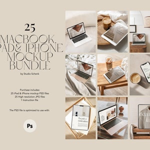 May include: A mockup bundle of 25 high-resolution images featuring a laptop, tablet, and phone in various settings. The images are ideal for showcasing websites, apps, and other digital content.