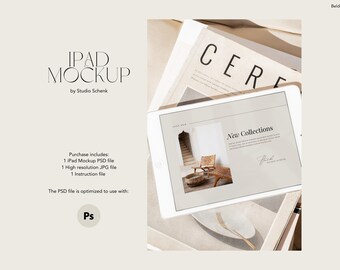 May include: An iPad mockup displays a website with the text "New Collections." The image includes a magazine, a plate, and a fork. The text "IPAD MOCKUP by Studio Schenk" is also visible.