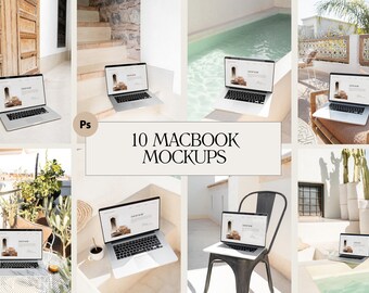 May include: Ten different mockups of a silver MacBook laptop in various settings, including a patio, a poolside, and a staircase. The laptop screen displays a website with a light brown background and text.