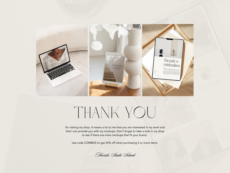 May include: A mockup image featuring three devices displaying different content. A laptop with a white background and text, a tablet with a white background and text, and a tablet with a white background and the text "The path to minimalism".