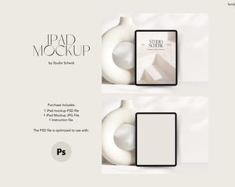 May include: A mockup of an iPad on a white surface with a white ceramic vase. The iPad screen is blank. The text "STUDIO SCHENK" is visible on the iPad screen in the top image.