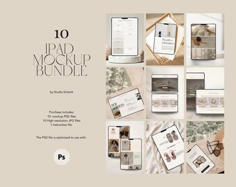 May include: An iPad mockup bundle with ten different designs, including website and app displays. The image features various iPad mockups with different backgrounds and layouts. Text on the image reads "10 iPad Mockup Bundle" and "by Studio Schenk."