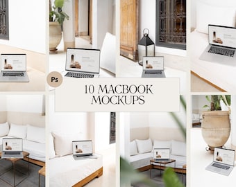 May include: Ten different mockups of a silver MacBook laptop in various settings. The laptop is open and displaying a website on the screen. The mockups are set in a variety of indoor and outdoor locations, including a living room, a bedroom, and a patio.