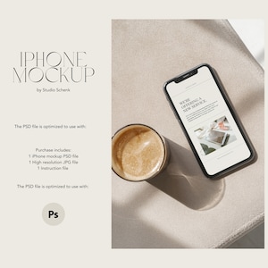 Op de afbeelding: Een witte iPhone mockup met een tekstoverlay die "We're offering a new service." luidt. De telefoon ligt op een beige oppervlak met een kopje koffie ernaast.