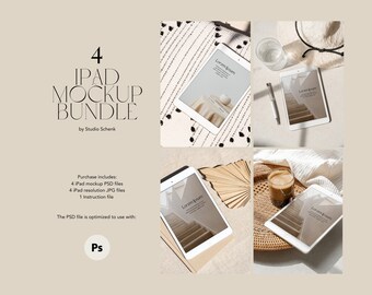 May include: A set of four iPad mockups featuring different backgrounds and angles. The mockups are perfect for showcasing app designs, websites, or other digital content. The backgrounds include a woven rug, a fan, a wicker tray, and a white surface.