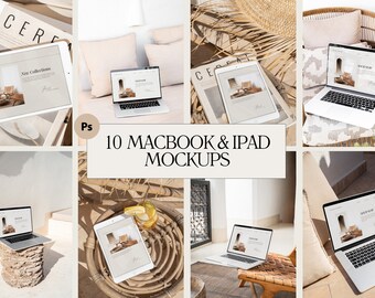 May include: Ten mockups of a laptop and tablet computer on various backgrounds. The mockups are set up in a variety of settings, including a couch, a wicker chair, and a table. The mockups are all in a neutral color scheme, with a focus on natural textures and materials.