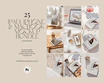 May include: A set of 25 mockup images for iPad, iPhone, and Macbook devices. The images feature various devices in different settings, including a laptop on a table with a glass of wine, a phone on a white surface with a cup of coffee, and a tablet on a wooden surface with a glass of iced coffee. The images are high resolution and perfect for showcasing your designs or products.