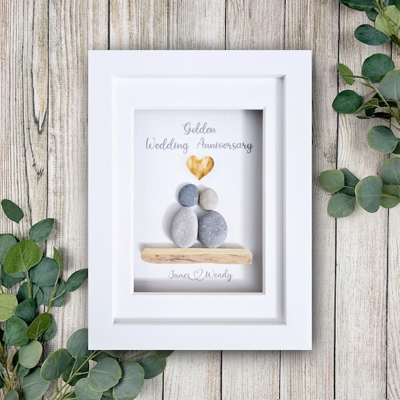 Personalised Golden Wedding Anniversary Frame, 50 Years Married, Gold Pebble Art, Gift for Grandparents, Present for Parents, 50th, Romantic