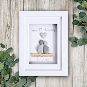 May include: A framed artwork with a white border. The art features a pebble design of two figures and a heart, with the text "Happy 10th Anniversary" and the names "Simon & Alice". The background is a light color.