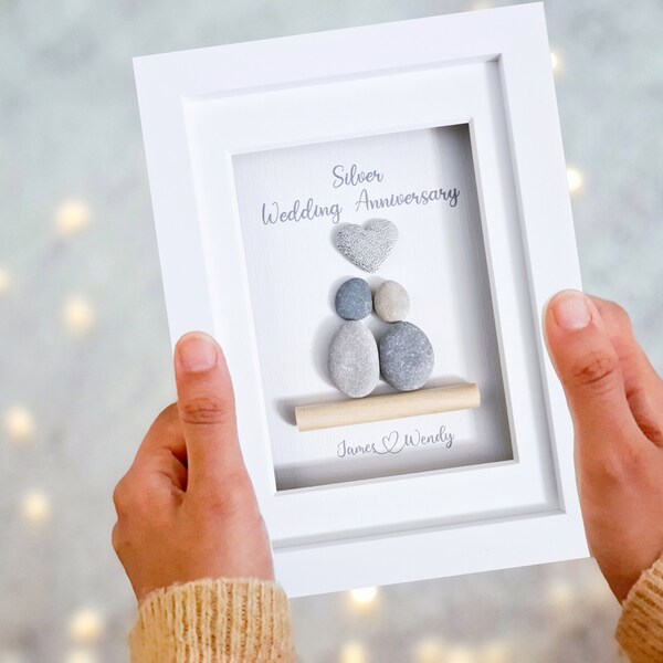 Silver Wedding Anniversary Gift, 25th Wedding Anniversary Pebble Picture, Personalised Wedding Anniversary Frame, 25 years