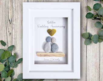 Golden Wedding Anniversary Gift, 50th Wedding Anniversary, Pebble Picture, 50, Fifty, Fiftieth, Personalised, Gold, Pebble Art, Personalised