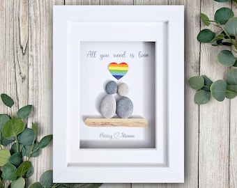 Personalised Same Sex Anniversary Gift, Pebble Art Framed Wedding Gift, Engagement Present, Rainbow Heart, Romantic Love Keepsake, LGBTQ+