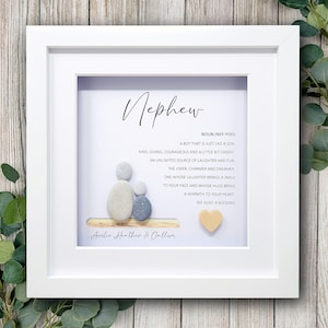May include: Framed art print with the word "Nephew" in script. The print features a definition, pebble art figures, and a heart-shaped accent. The text reads "Auntie Heather & Callum."