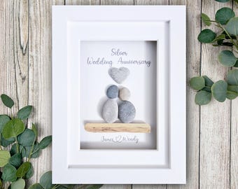 Silver Wedding Anniversary Gift, 25th Wedding Anniversary Pebble Picture, Personalised Wedding Anniversary Frame, 25 years