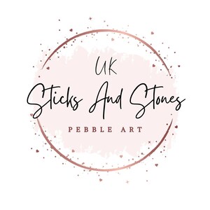 May include: A logo for "UK Sticks And Stones Pebble Art" features a pink watercolor-style circle with a rose gold outline and accents. The text is in a handwritten style, with "UK" at the top and "Pebble Art" at the bottom.