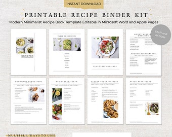 Modern Minimalist Printable Recipe Binder | Recipe Book Template | Recipe Template | Family Cookbook Template | Printable Recipe Kit | 0001