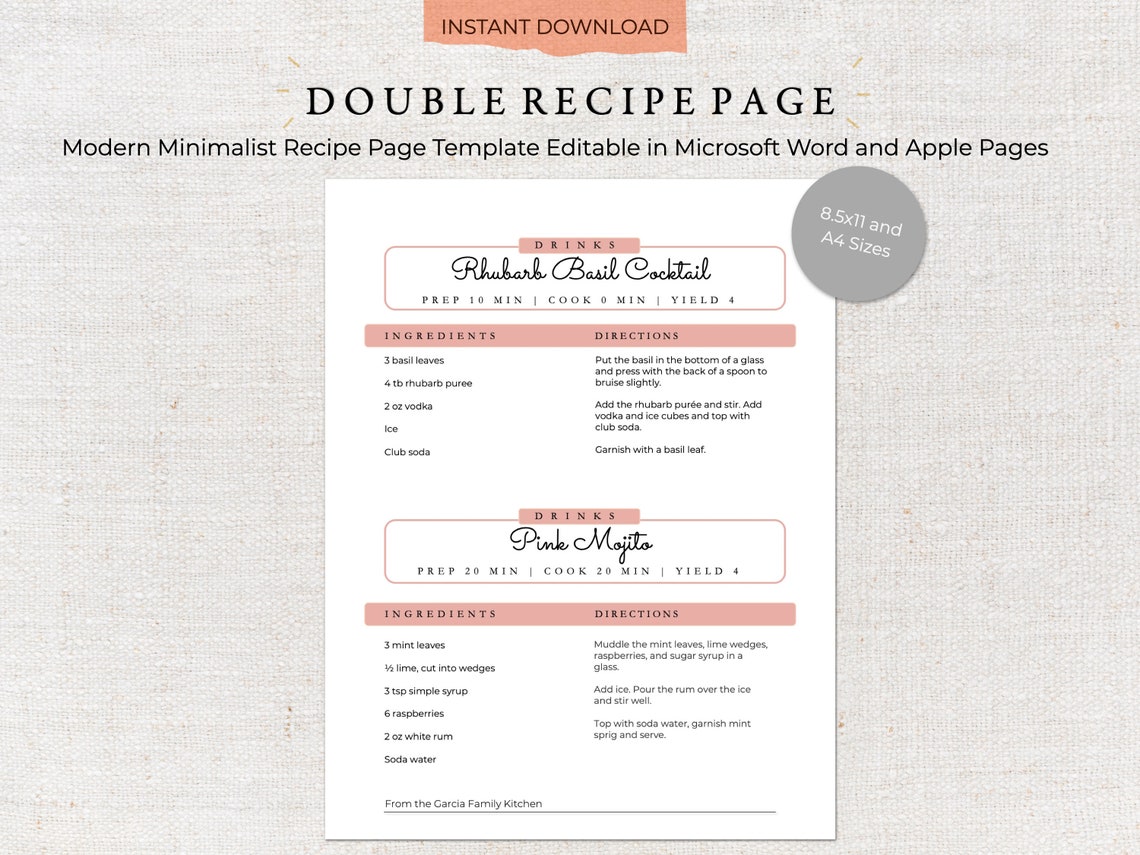 Printable Recipe Template | Two Recipes per Page | Recipe Template ...