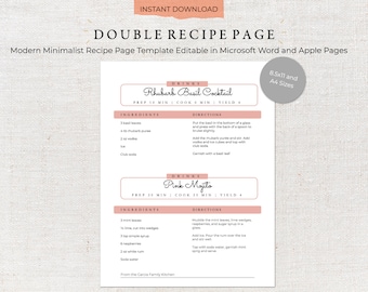 Printable Recipe Template | Two Recipes Per Page | Recipe Template | Family Cookbook Template | Printable Recipe Kit | Recipe Binder 0018