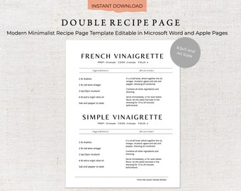 Printable Recipe Template | Two Recipes Per Page | Recipe Template | Family Cookbook Template | Printable Recipe Kit | Recipe Binder 0016