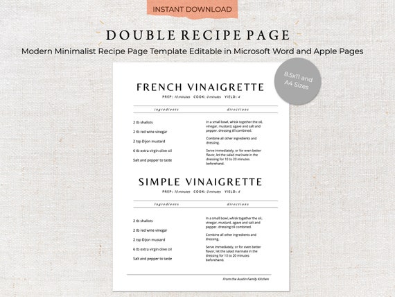 Printable Recipe Template Two Recipes per Page Recipe | Etsy