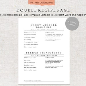 Printable Recipe Template | Two Recipes Per Page | Recipe Template | Family Cookbook Template | Printable Recipe Kit | Recipe Binder 0013
