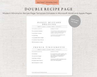 Printable Recipe Template | Two Recipes Per Page | Recipe Template | Family Cookbook Template | Printable Recipe Kit | Recipe Binder 0013