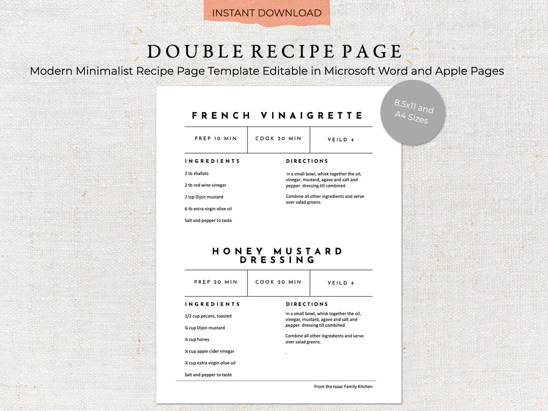 Two Recipe Format Printable Recipe Template | Two Recipes per Page | Recipe Template ...