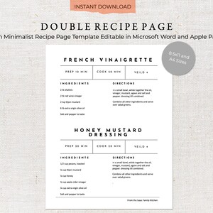 Printable Recipe Template | Two Recipes Per Page | Recipe Template | Family Cookbook Template | Printable Recipe Kit | Recipe Binder 0014