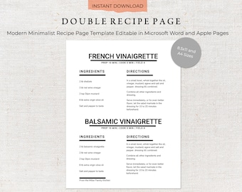 Printable Recipe Template | Two Recipes Per Page | Recipe Template | Family Cookbook Template | Printable Recipe Kit | Recipe Binder 0017