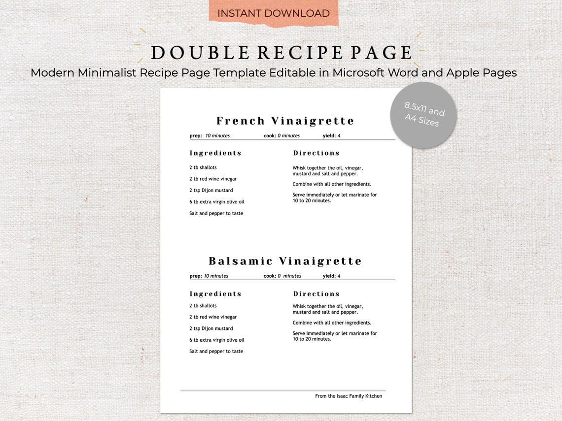 Printable Recipe Template | Two Recipes per Page | Recipe Template ...