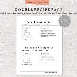Two Recipe Format Printable Recipe Template Two Recipes per Page Recipe Template Family ...