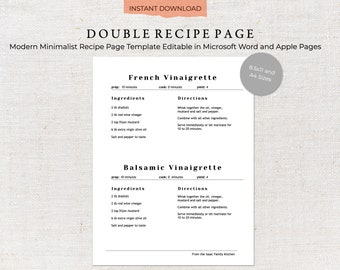 Printable Recipe Template | Two Recipes Per Page | Recipe Template | Family Cookbook Template | Printable Recipe Kit | Recipe Binder 0015