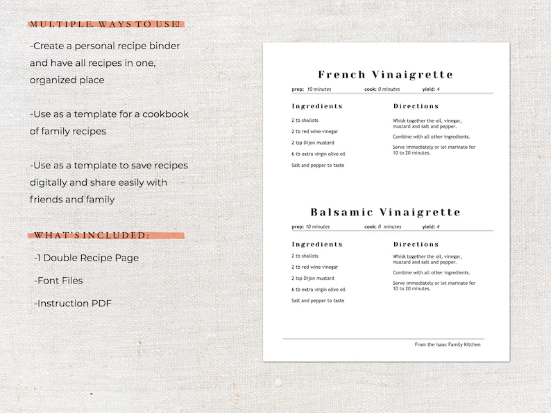 Two Recipe Format Printable Recipe Template | Two Recipes per Page | Recipe Template ...