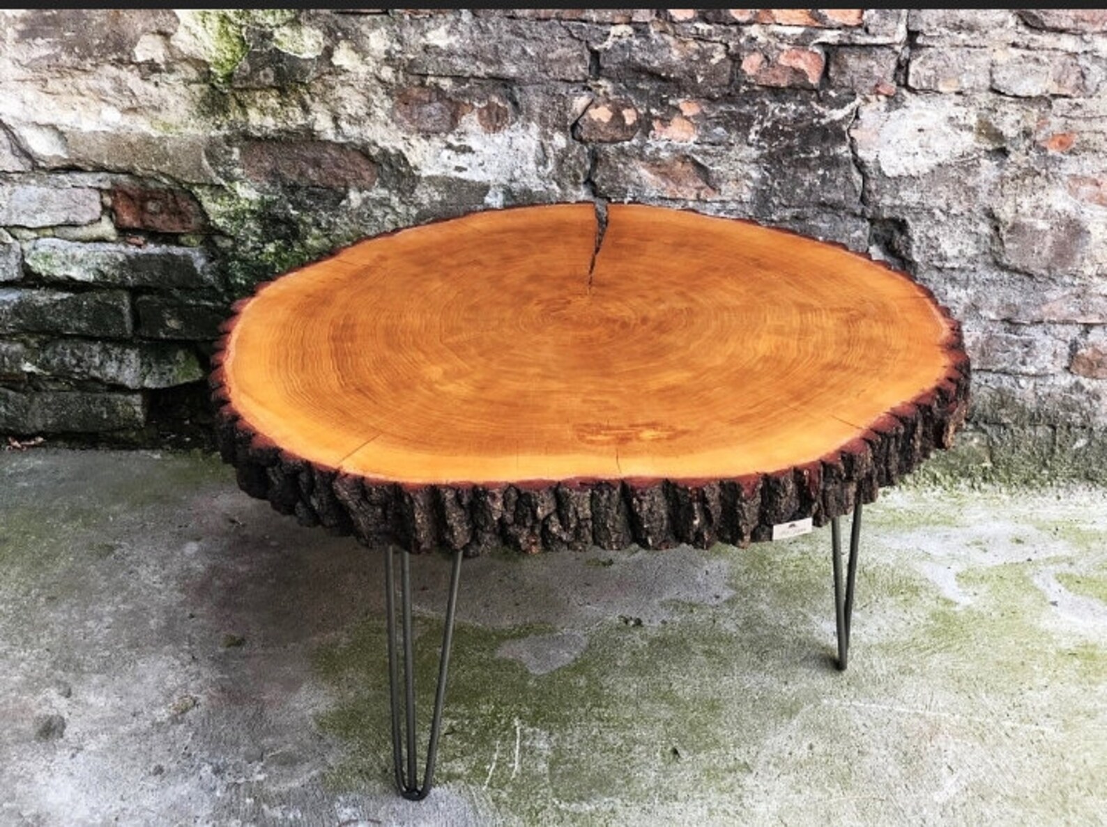 Tree Bark Garden Table with Metal Hairpin legs Etsy