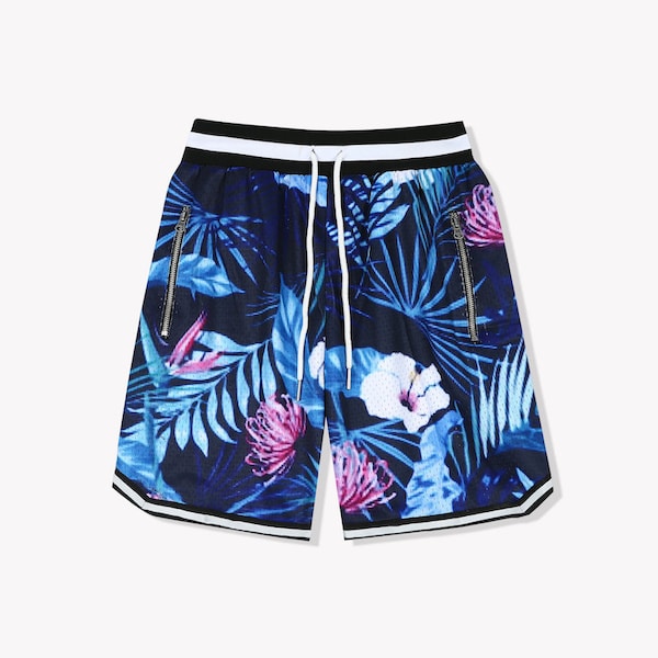 Unisex Floral Basketball Shorts Black Elastic Waist/ Adjustable Drawstrings