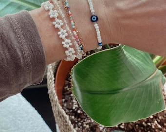 Handmade Evil Eye Beaded Stretch Bracelet or Ring: Gold Filled Glass Jewelry