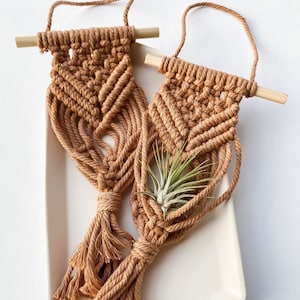 May include: Two handmade macrame plant hangers in a warm brown color. Each hanger features a wooden dowel and a loop for hanging. One hanger holds a small air plant. The macrame design includes intricate knots and a tassel.