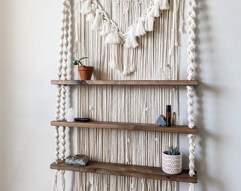 Boho Macramé Shelf ( 2ft) | Custom Rustic Plant Shelf | Crystal Shelf | Multi Tier Option Macramé Shelves