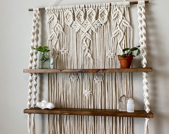 Boho Macramé Shelf ( 2ft) | Custom Leaf and Vine Plant Shelf | Crystal Shelf | Multi Tier Option Macramé Shelves | Customizable
